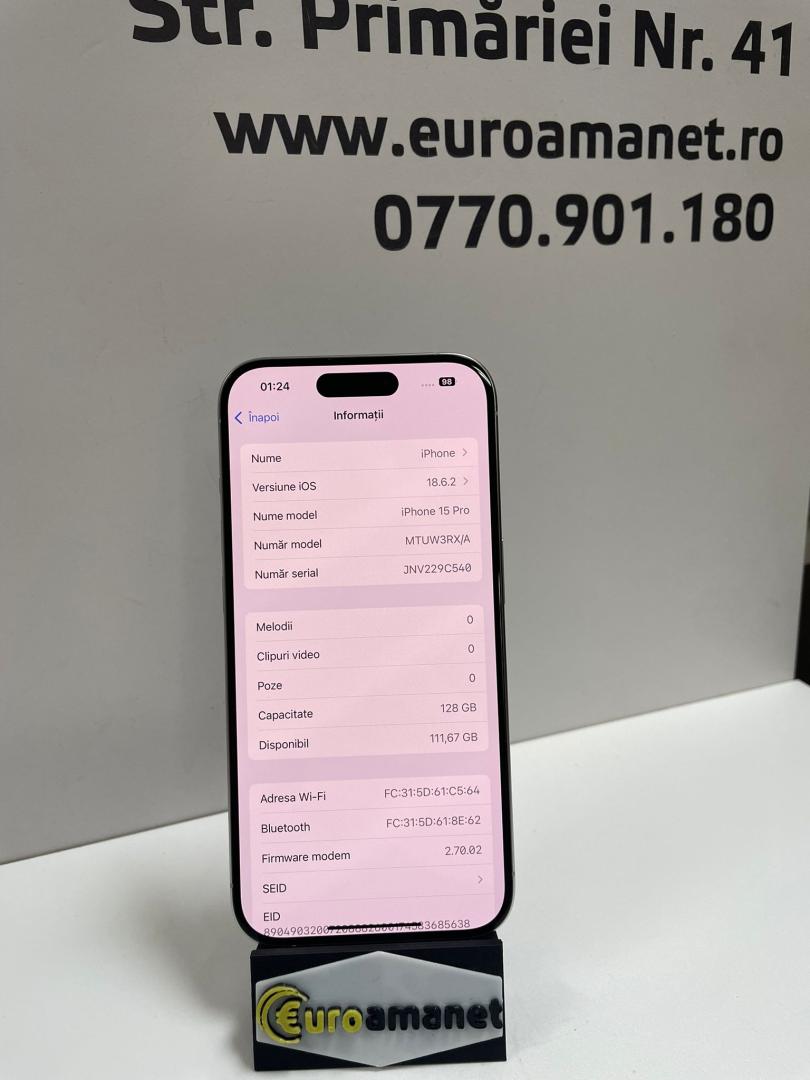 Telefon mobil Apple iPhone 15 Pro, 128GB, 5G, White Titanium image 3