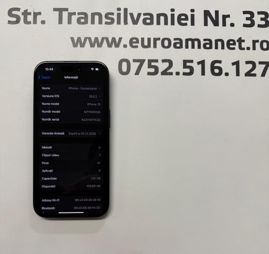 Telefon Apple iPhone 15, 128GB, 5G, Black Bat.100%, 0 cicluri de incarcare image 3