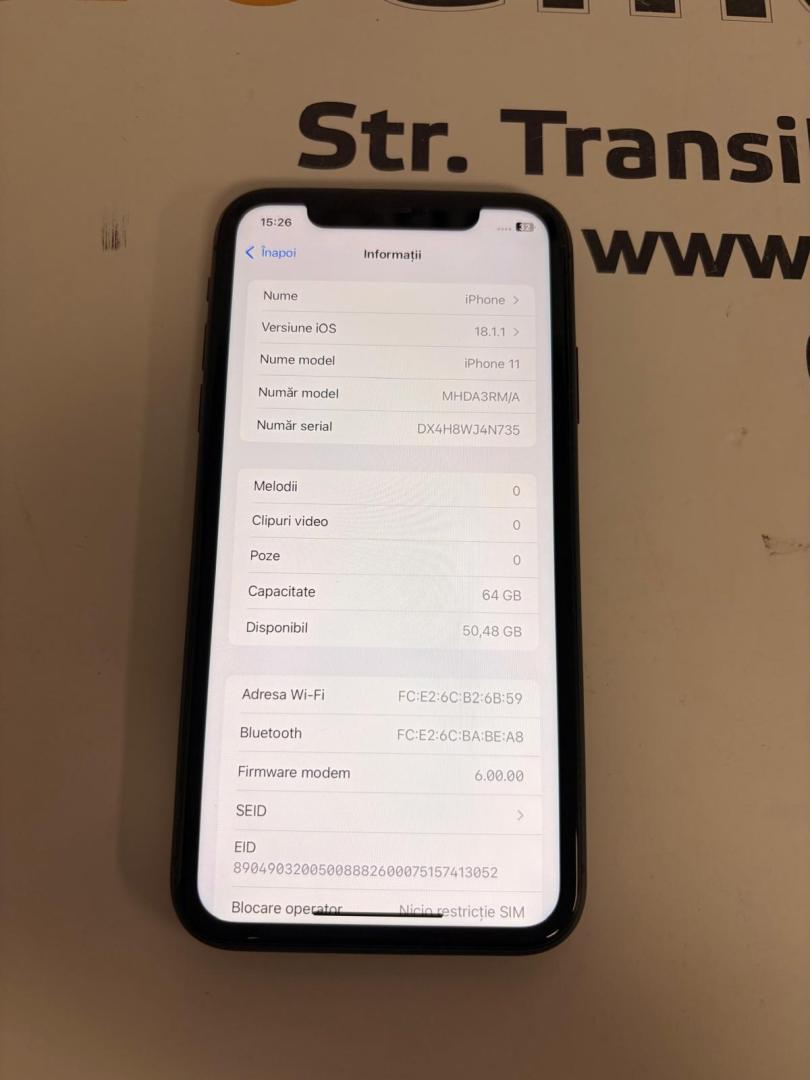 Telefon mobil Apple iPhone 11, 64GB, Black bat.83% image 1