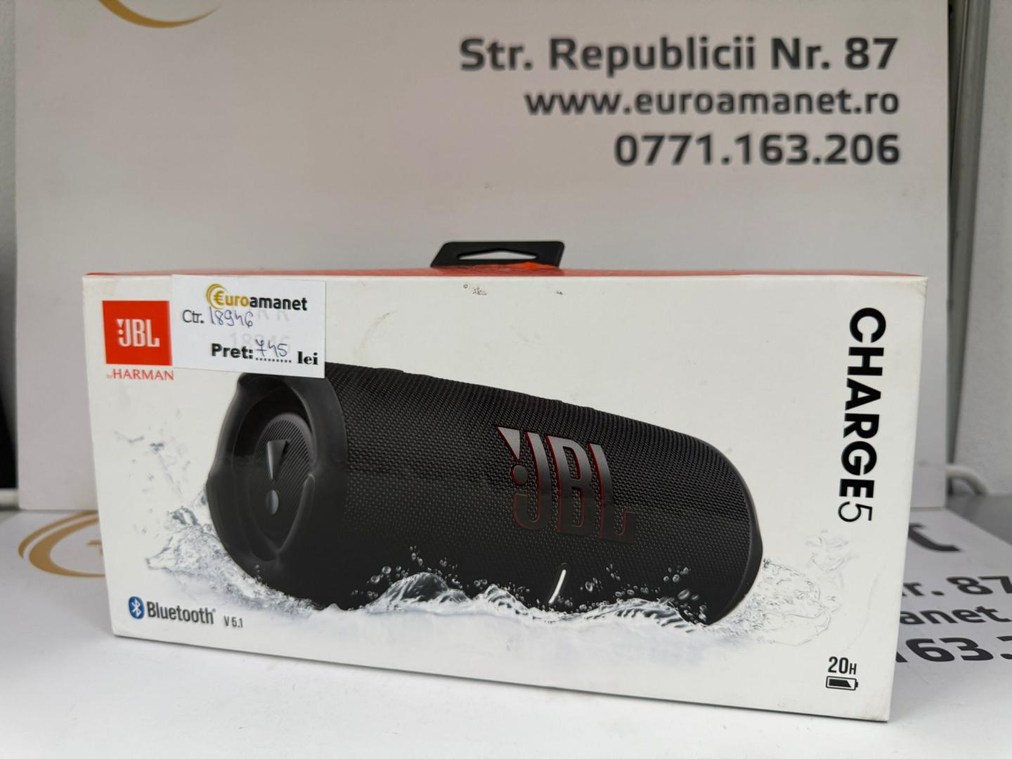 Boxa portabila JBL Charge 5 Wi-Fi, 40W, Bluetooth, Autonomie 20H, IP67, Negru