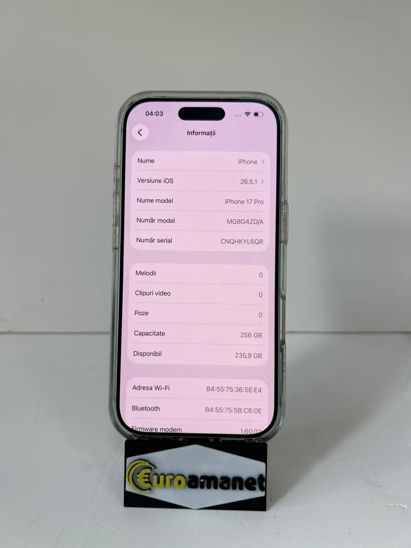 Telefon mobil Apple iPhone 17 Pro, 256GB, 5G, Silver,100% bat. image 3