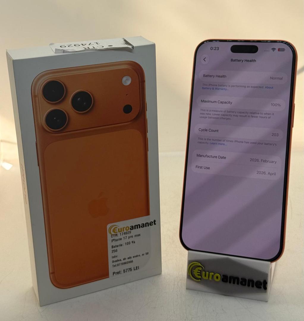 Telefon mobil Apple iPhone 17 Pro Max, 256GB, 5G, Cosmic Orange, Bat 100% image 1