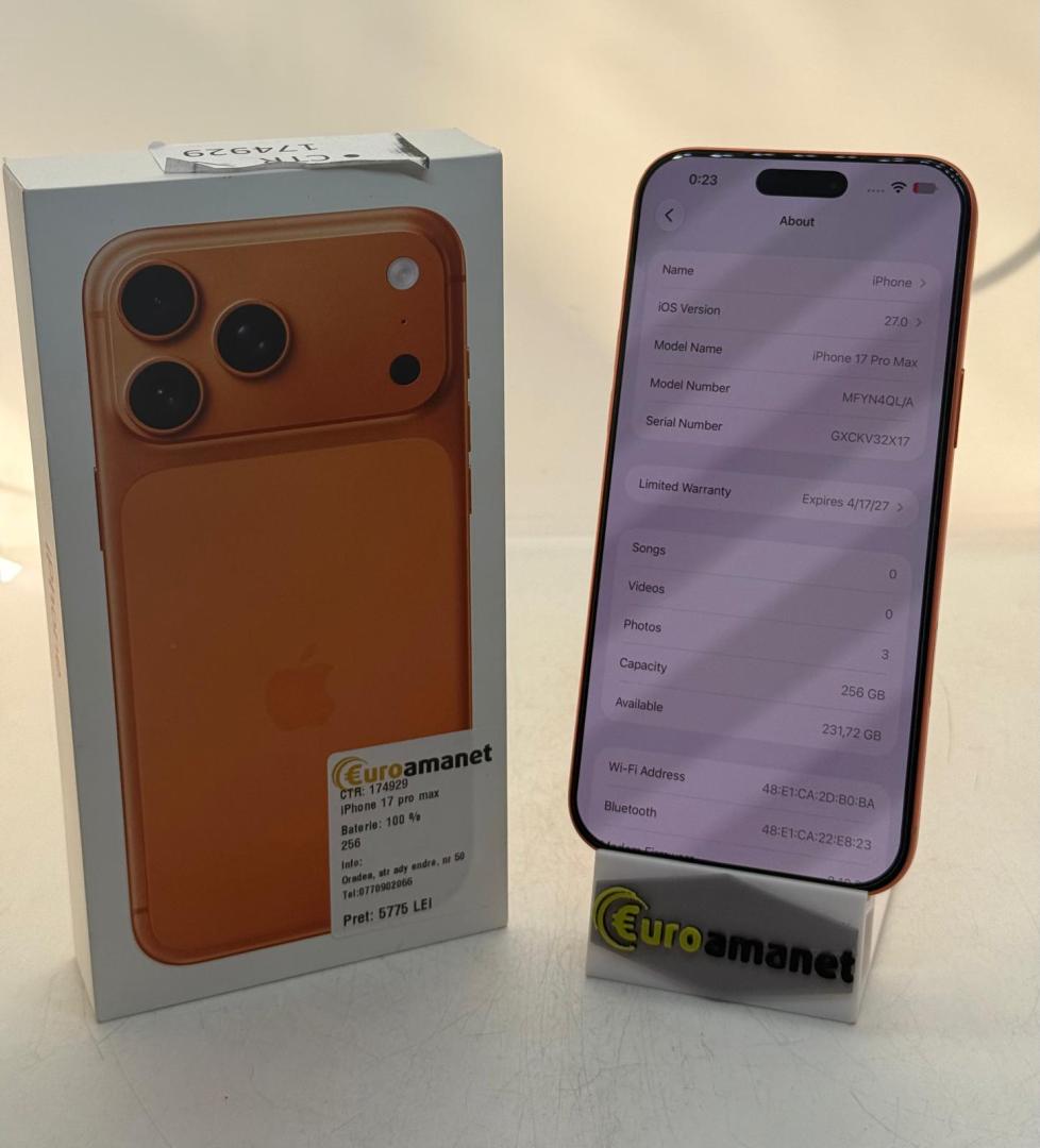 Telefon mobil Apple iPhone 17 Pro Max, 256GB, 5G, Cosmic Orange, Bat 100% image 2