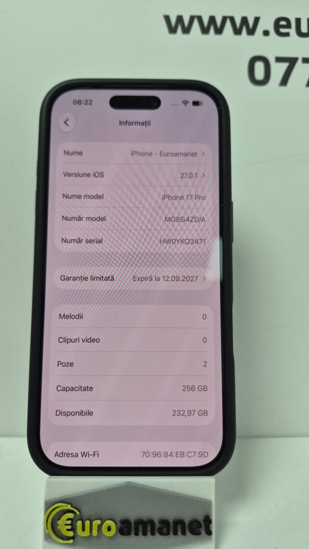 Telefon mobil Apple iPhone 17 Pro, 256GB, 5G, Silver, baterie 100%, 47 cicluri incarcare image 3