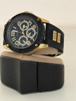 Guess, Ceas cu functii multiple si curea din silicon, Negru/Auriu